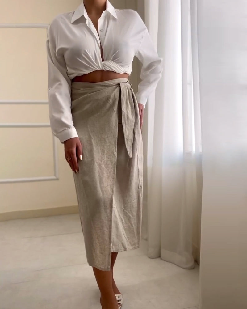 Fashion Shirt & Lace-Up Two-Piece Skirt Set