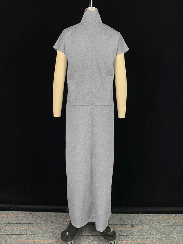 Loose Short Sleeves Solid Color Split-Joint High Neck Maxi Dresses