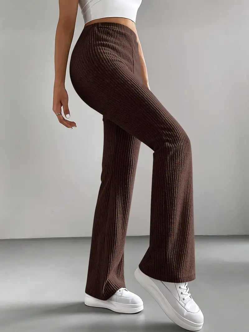 Solid Color Rib Knit Slim-Fit Trousers