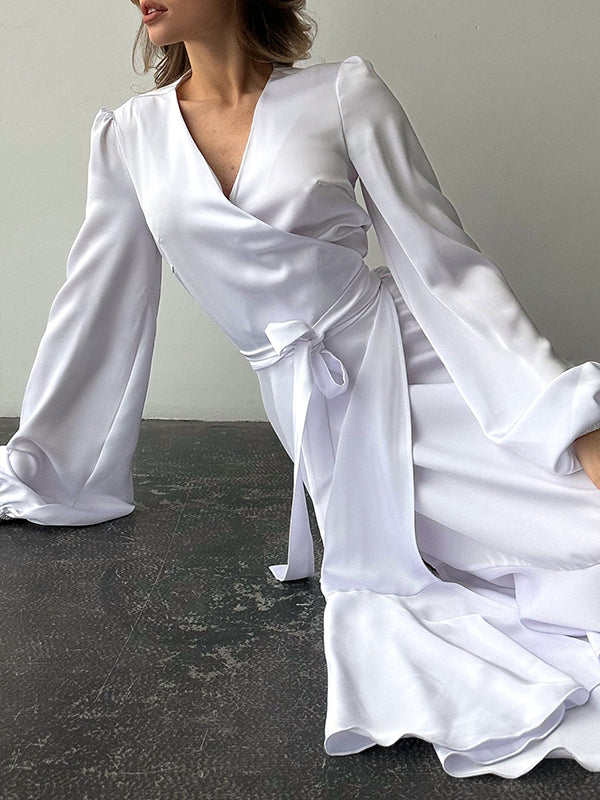 Loose Puff Sleeves Asymmetric Pleated Solid Color Split-Joint Tied Waist V-Neck Maxi Dresses Shirt Dress