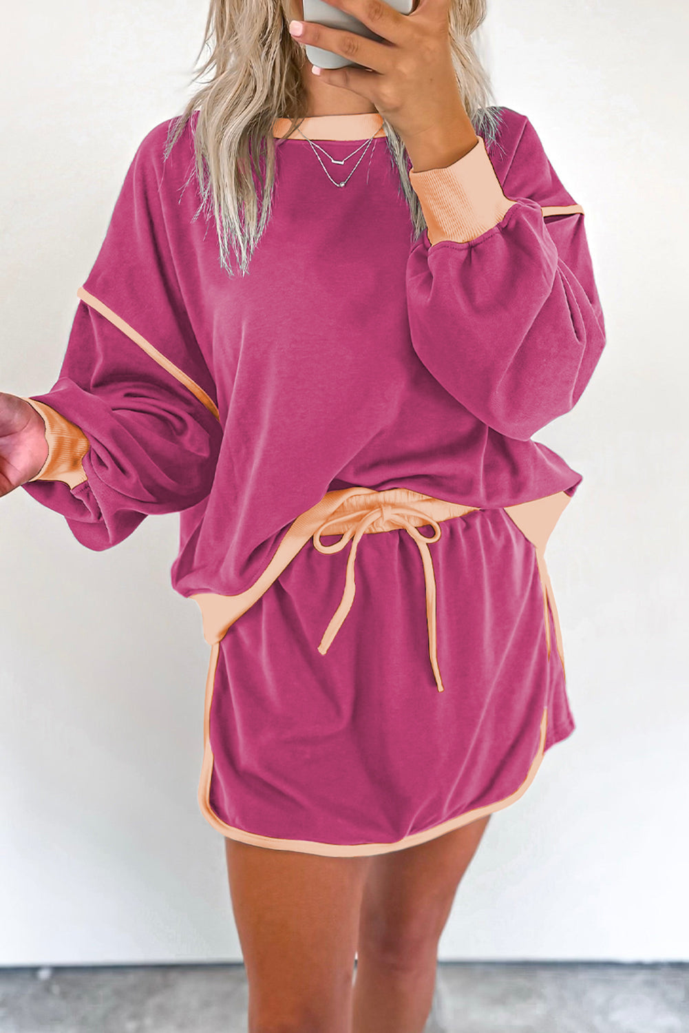 Contrast Loose Fit Sweater And Tie Waist Skirt Set (Buy 2 Free Shipping)