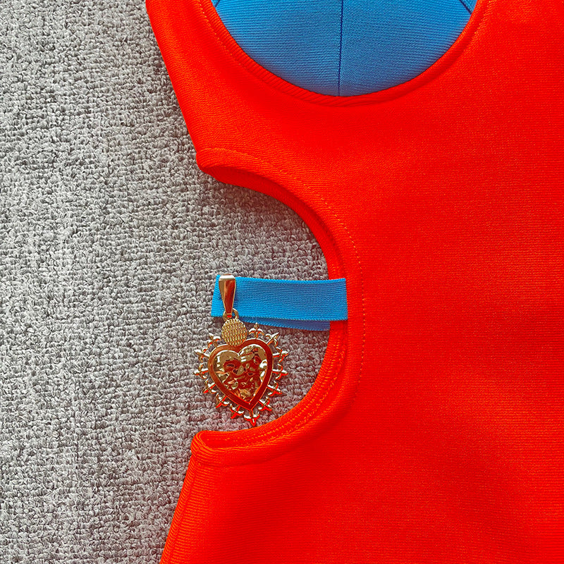 New French contrast color hot girl sexy cutout off-the-shoulder sling bandage one-piece dress