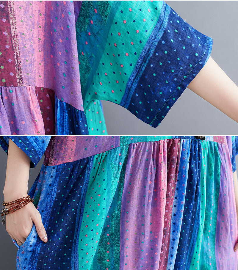 Special Colorful Splicing Round Neck Midi Dress