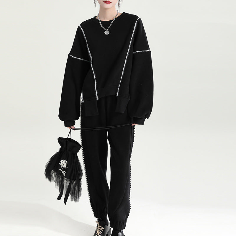 Irregular Splicing Round Neck Long Sleeve Velvet Sweatshirt