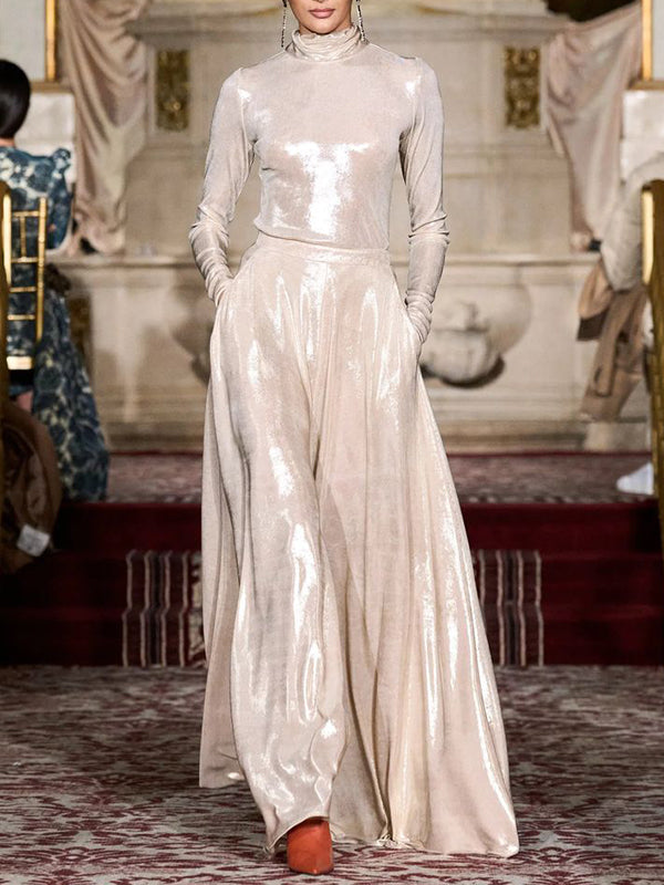 High Waisted Loose Pockets Shiny Solid Color Pants Trousers