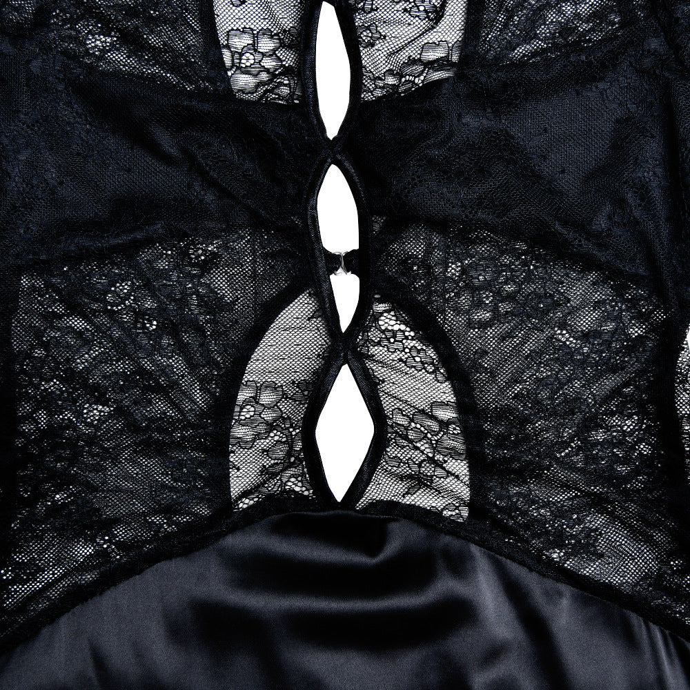 Fall lace see-through stitching dress female sexy split maxi dress