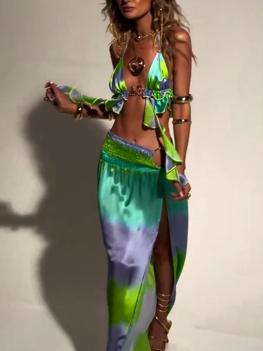 Vacation gradient print sexy three-piece set