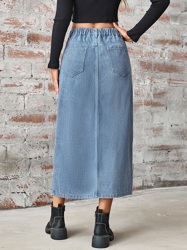 A-Line High Waisted Elasticity Pockets Split-Side Skirts Bottoms