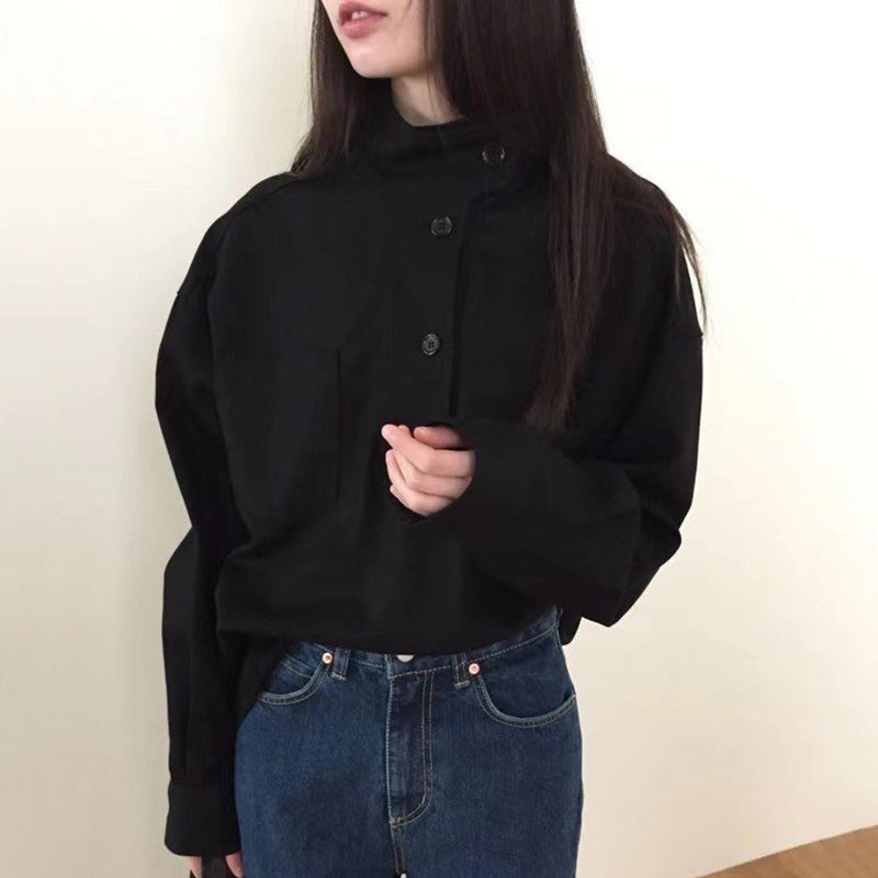 Niche Design Solid Color Stand Collar Long Sleeve Shirt