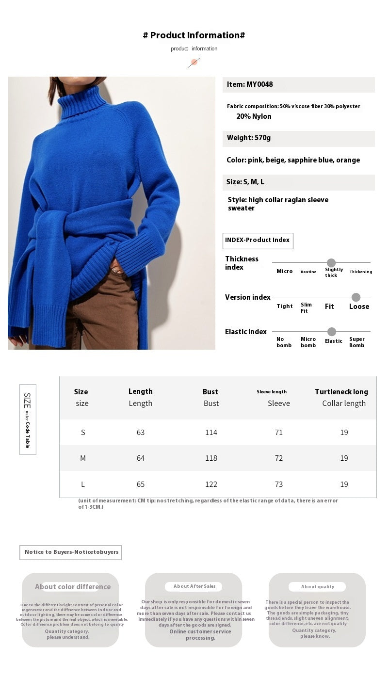 Turtleneck sweater autumn and winter elegant commuter solid color raglan sleeve women's knitted blouse