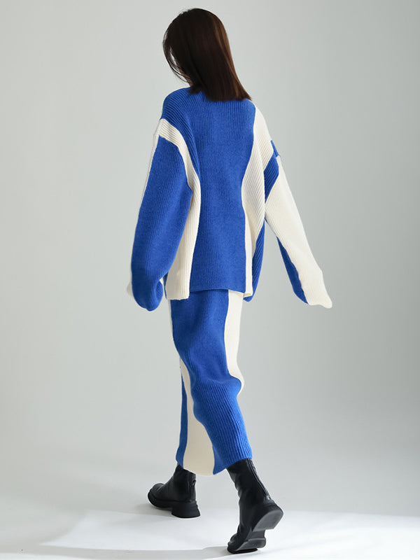 Casual Loose Long Sleeves Contrast Color High-Neck Sweater Top&Skirt Two Pieces Set