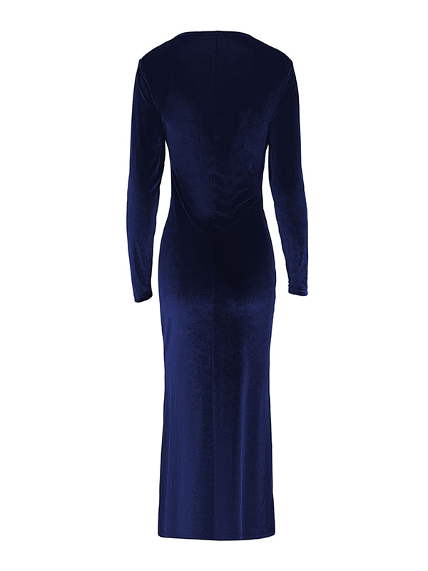 Bodycon Long Sleeves Pleated Solid Color Split-Joint V-Neck Evening Dresses Maxi Dresses