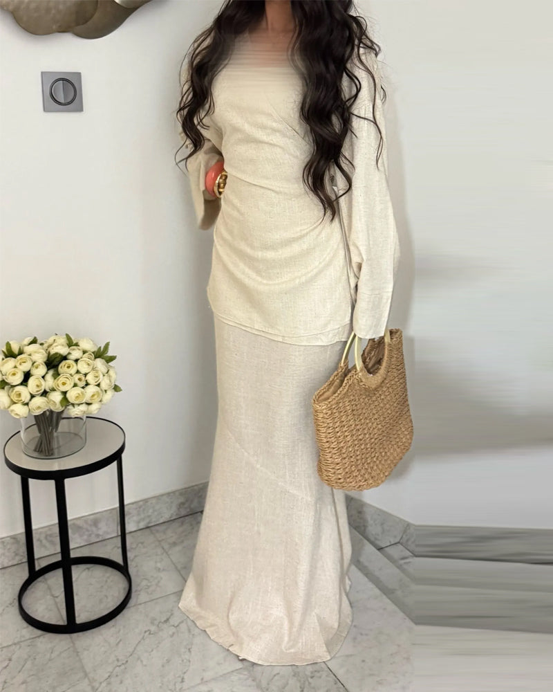 Elegant Cotton Linen Shirt & Skirt Two-Piece Set