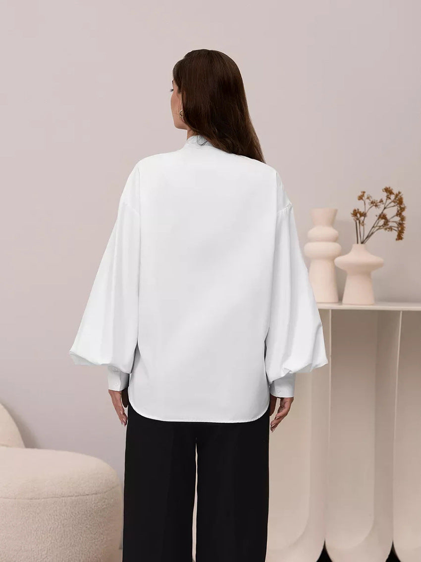 Minimalist Solid Color Lantern Sleeve Lapel Shirt