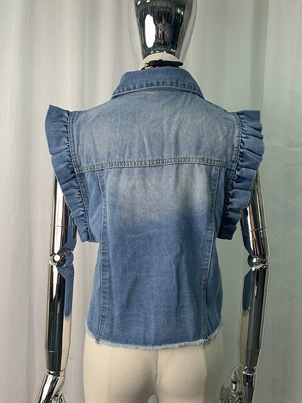 Loose Ruffle Sleeves Buttoned Fringed Pockets Split-Joint Lapel Vest Outerwear