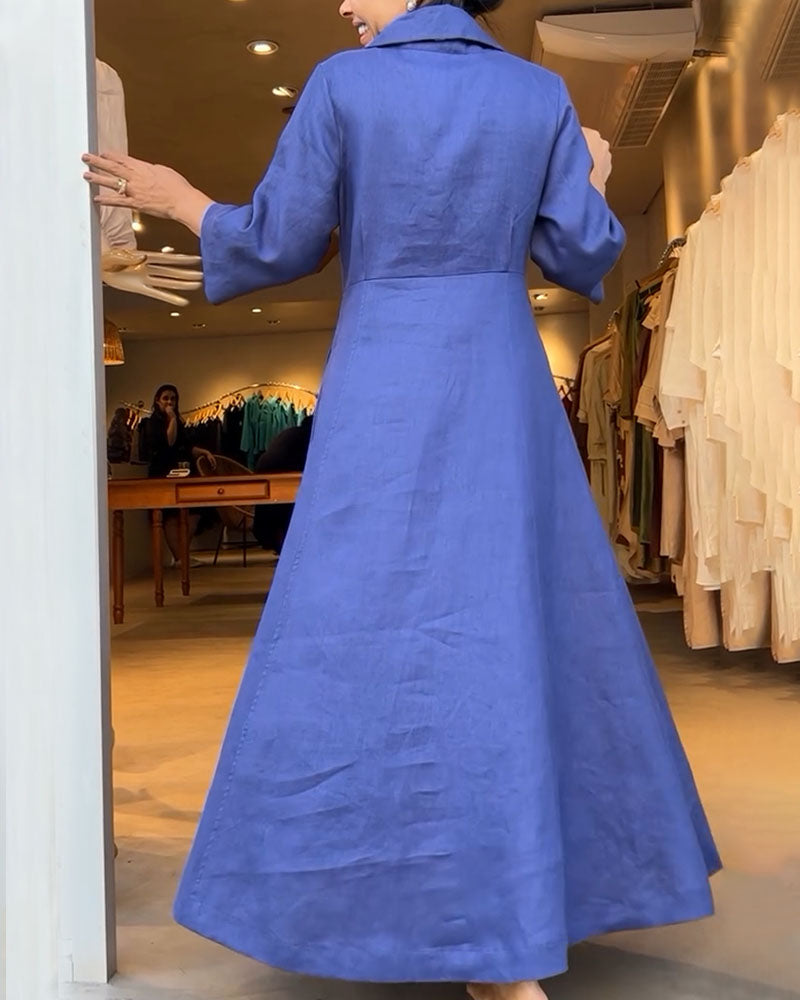 Cotton and linen buttoned three-quarter sleeve dress