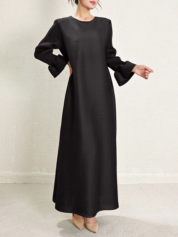 A-Line Loose Pleated Solid Color Round-Neck Maxi Dresses