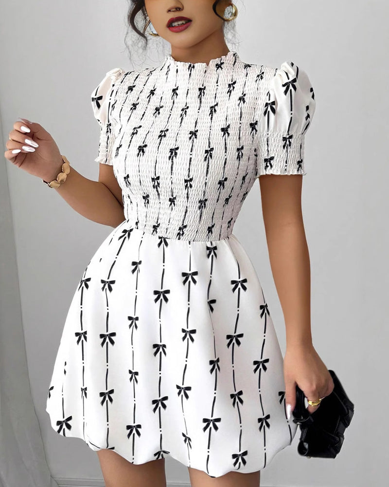 Elegant Tight-Waisted Bow-Print Dress