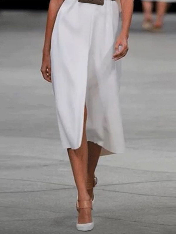 Loose Short Sleeves Belted Solid Color Split-Front Deep V-Neck Midi Dresses