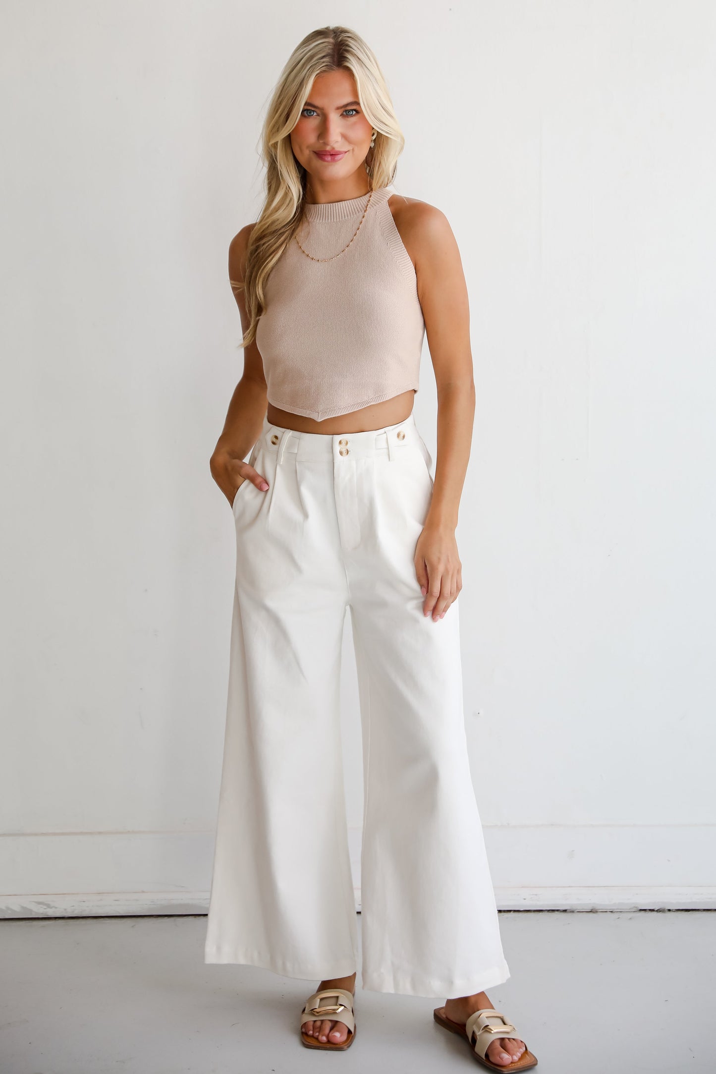 FINAL SALE - Posh Intent Ivory Wide Leg Trouser Jeans