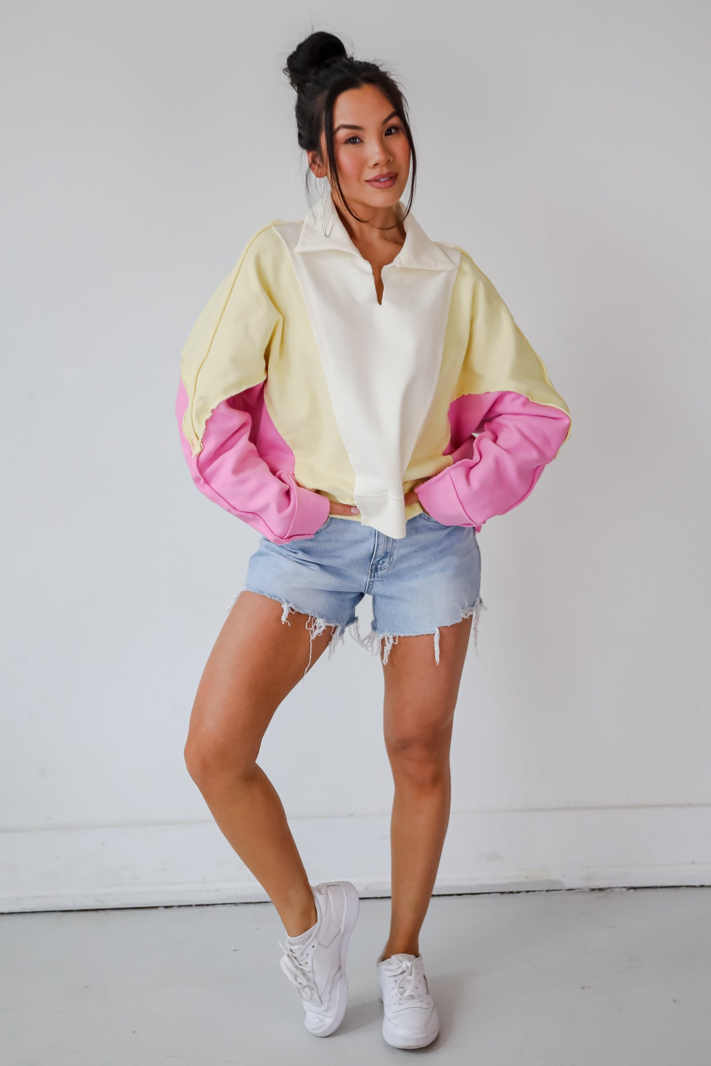 Lucky Cutie Pink Color Block Collared Pullover