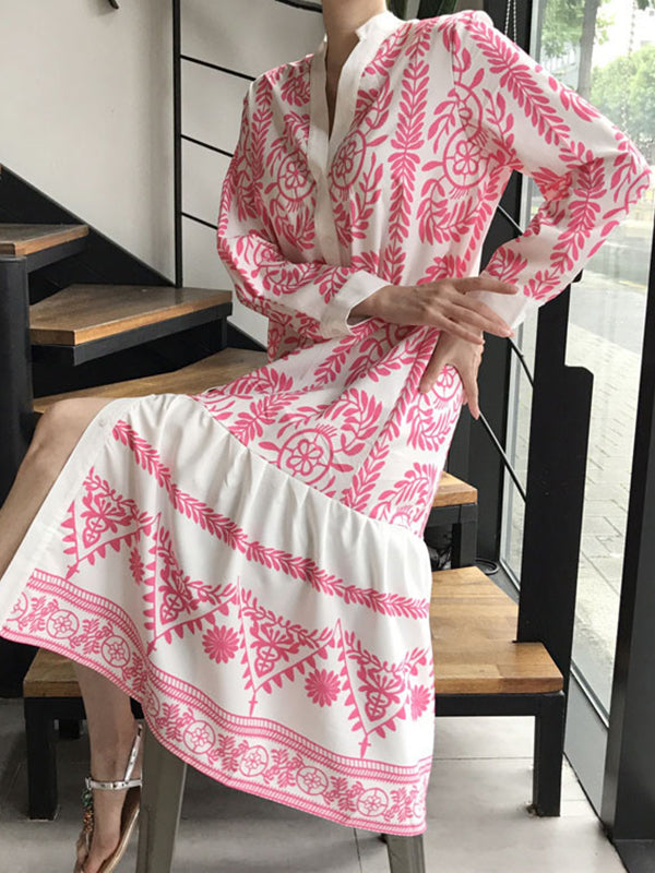Long Sleeves Loose Leaves Print Printed Stand Collar Midi Dresses