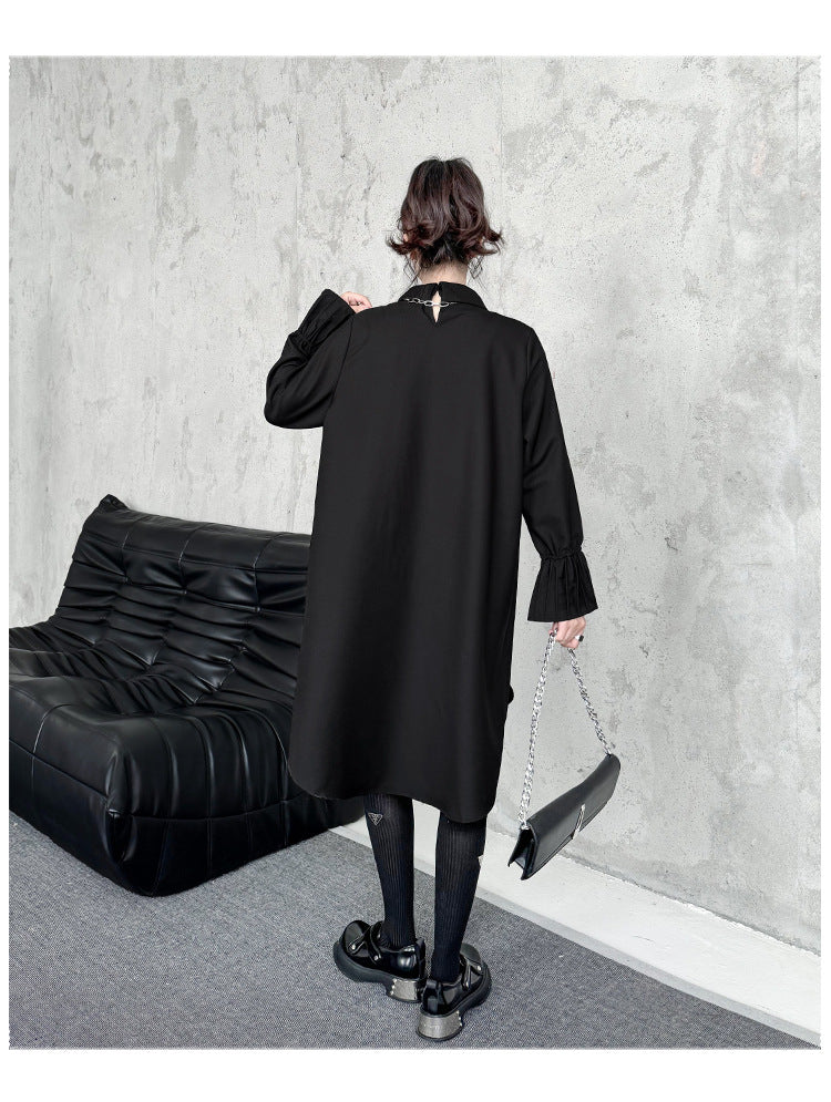 Street Style Fake Two Piece Button Long Sleeve Midi Dress