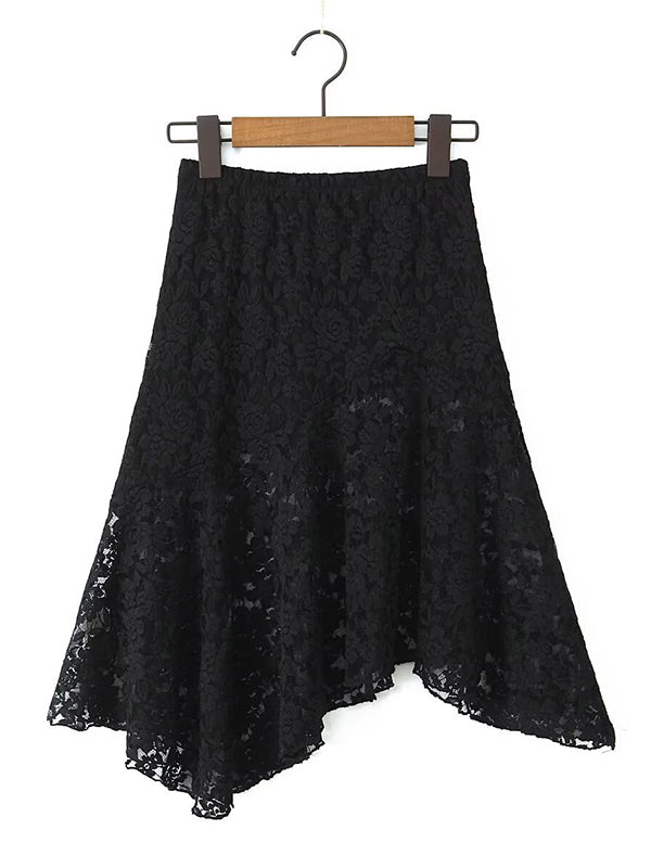 Long Sleeves See-Through Solid Color Mock Neck T-Shirts Tops + Split-Joint Asymmetric High Waisted Skirts Bottom Two Pieces Set