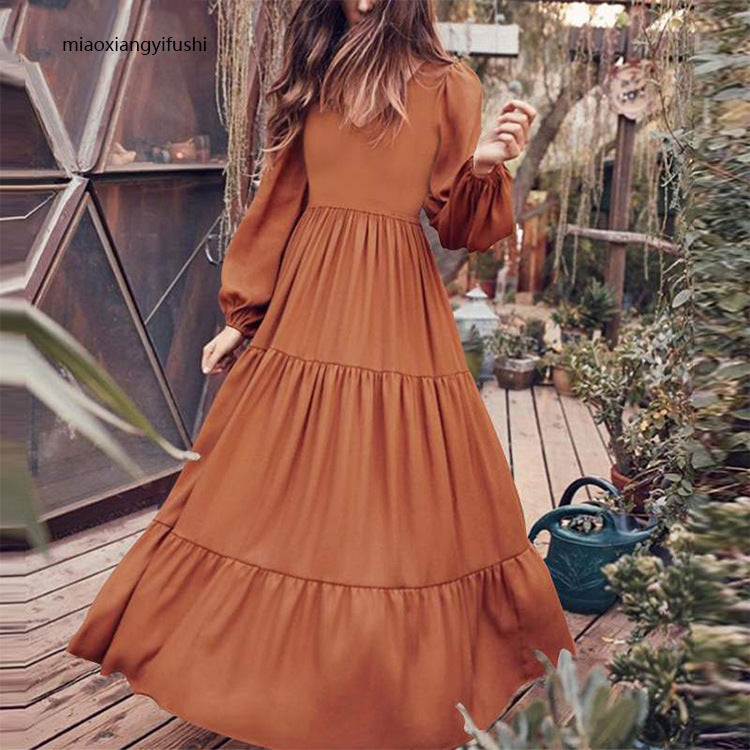 Simple Solid Color V-neck Long Sleeve Maxi Dress