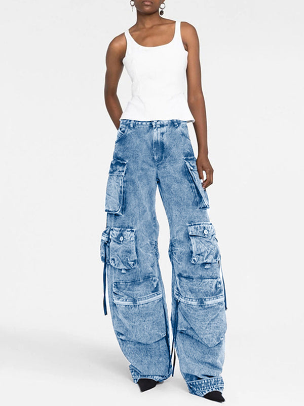 Loose Pleated Pockets Split-Joint Streamer Jean Pants Bottoms