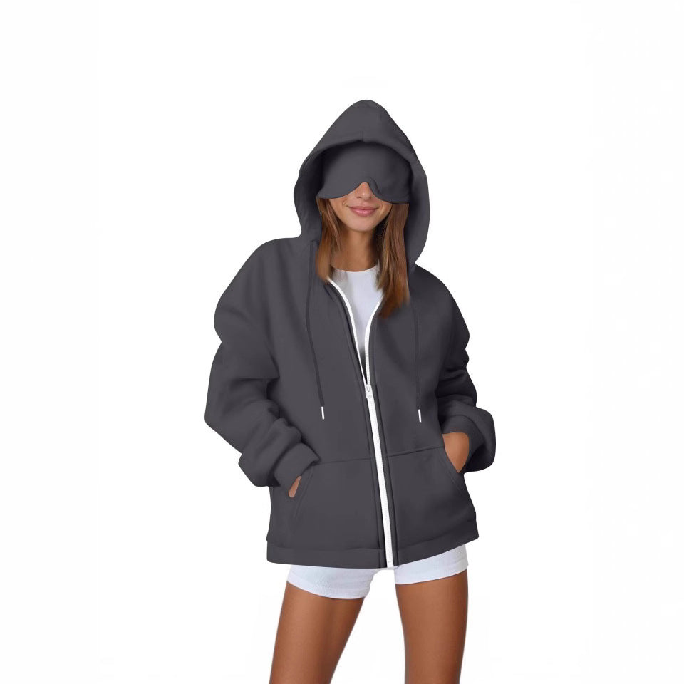 2025 European and American solid color women's autumn and winter hooded cardigan with eye patch zipper sweater