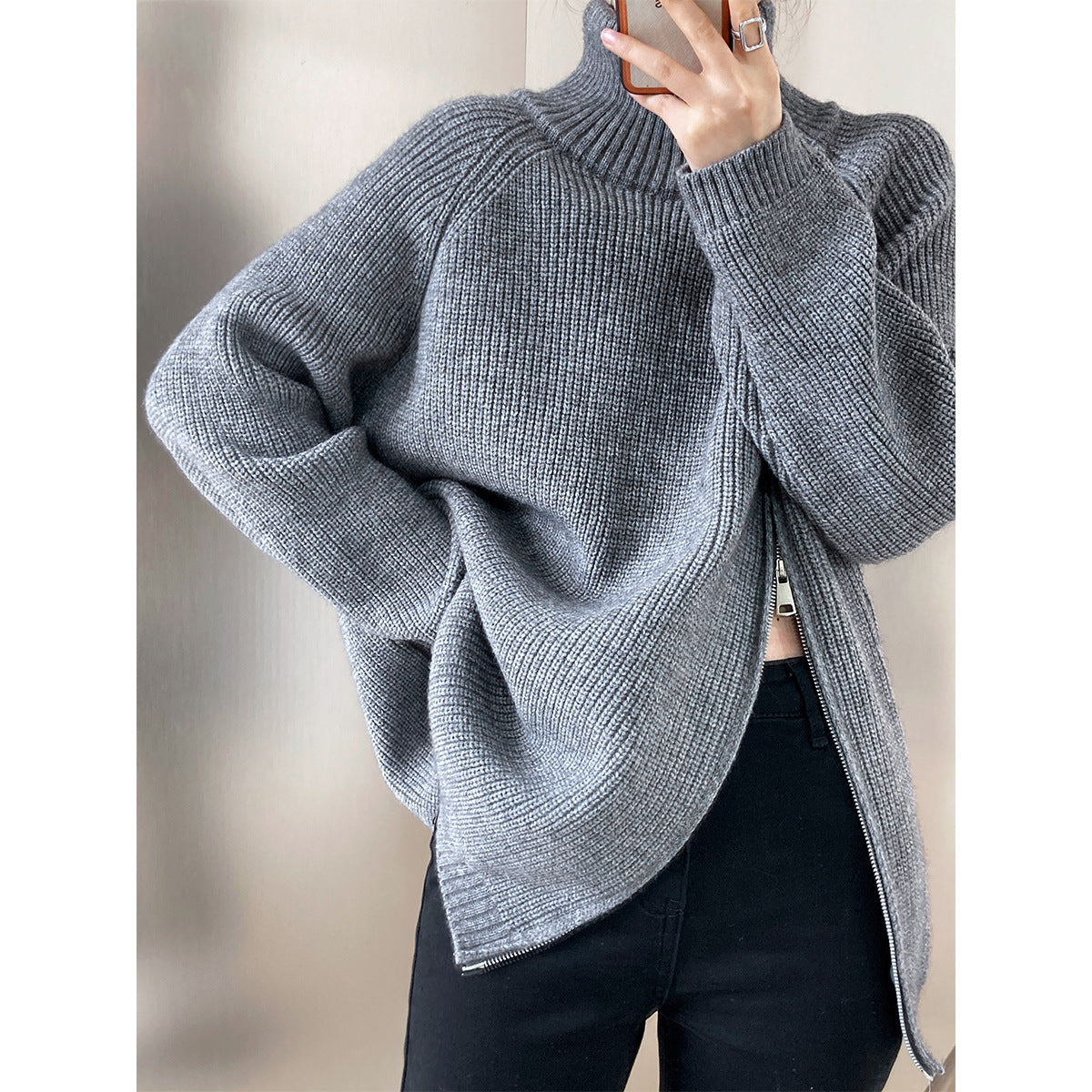 Casual Solid Color Zipper Turtleneck Knit Sweater