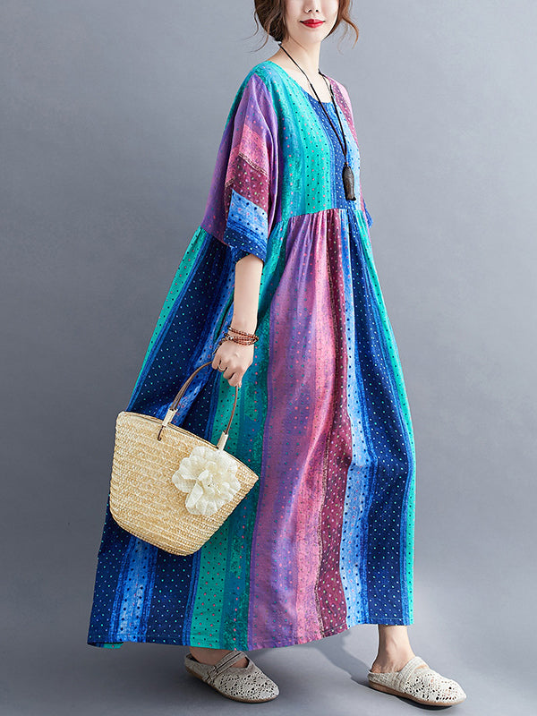 Special Colorful Splicing Round Neck Midi Dress