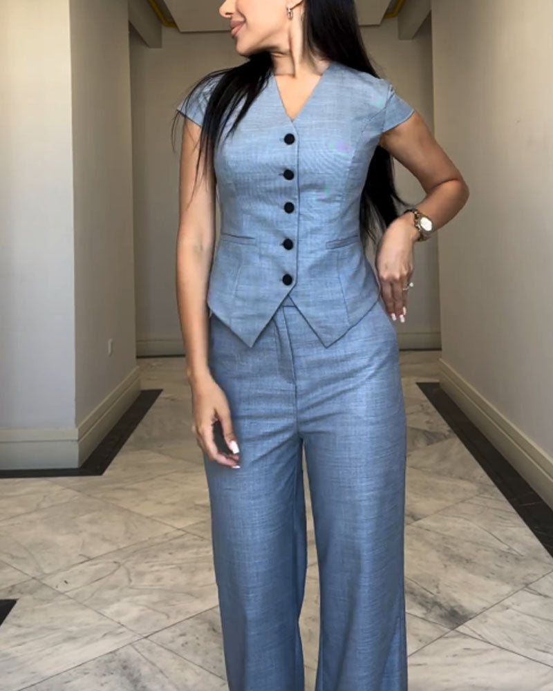 Fashion Commuter V-Neck Top & Pants Two-Piece Set