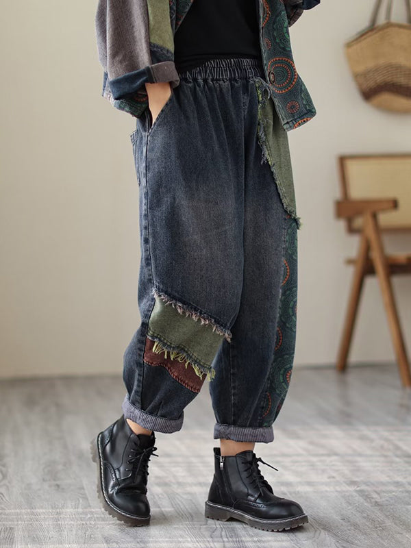 Contrast Color Fringed Split-Joint Long Sleeves Printed Outwear + Harem Pants  Two Pieces Set