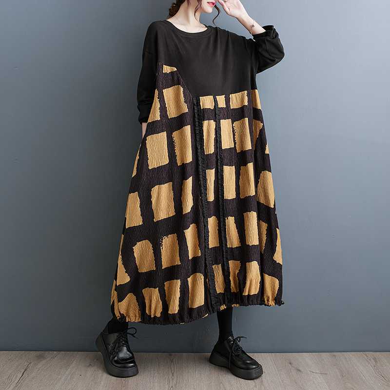 Vintage Plaid Long Sleeve Midi Dress