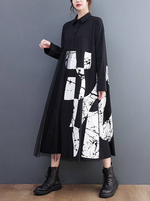Retro Splicing Mesh Long Sleeve Midi Dress