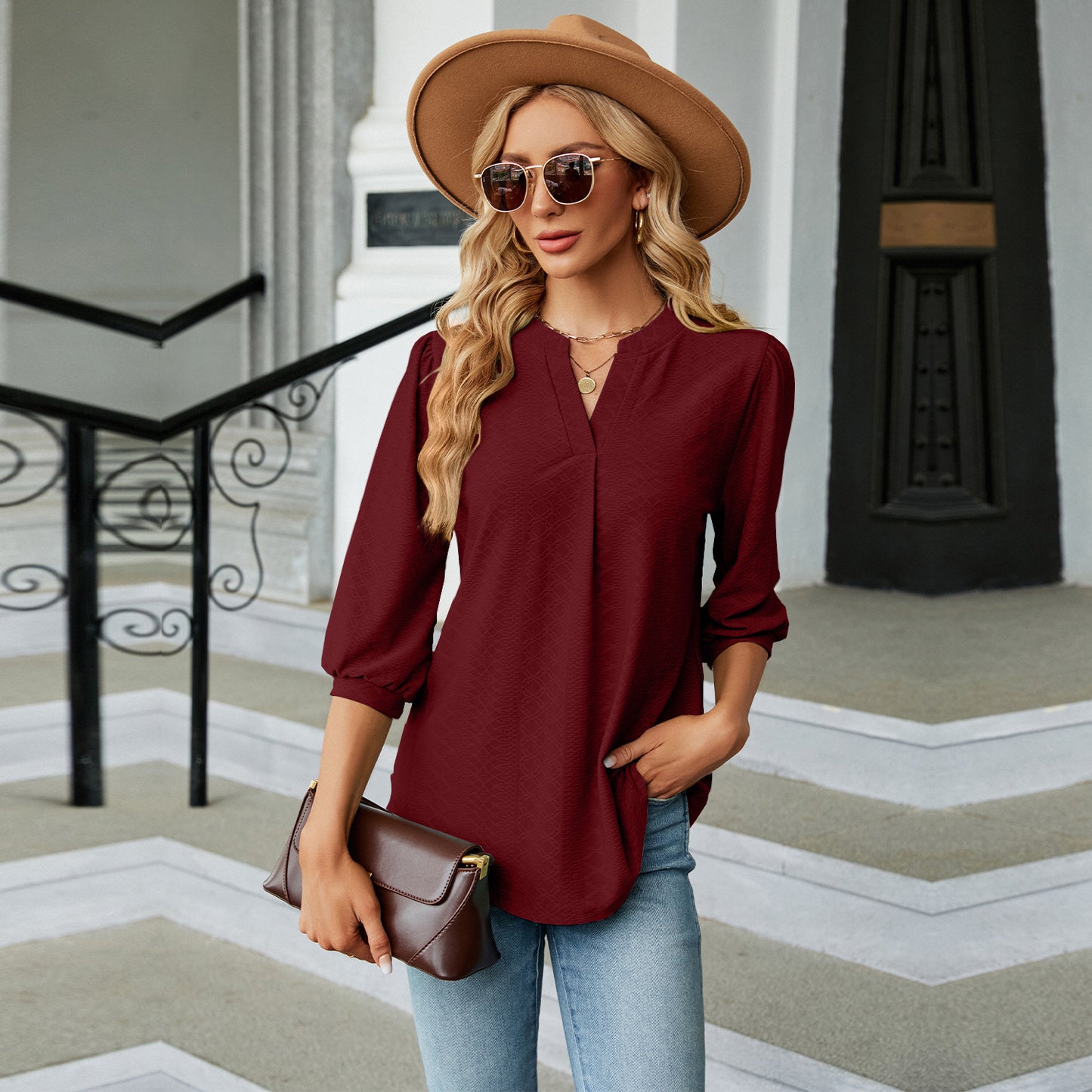 Autumn and Winter new solid color and V-neck jacquard 3/4 sleeve loose-fitting T-shirt top women