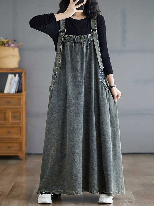 A-Line Loose Pleated Pockets Solid Color Split-Joint Spaghetti-Neck Suspender Dress