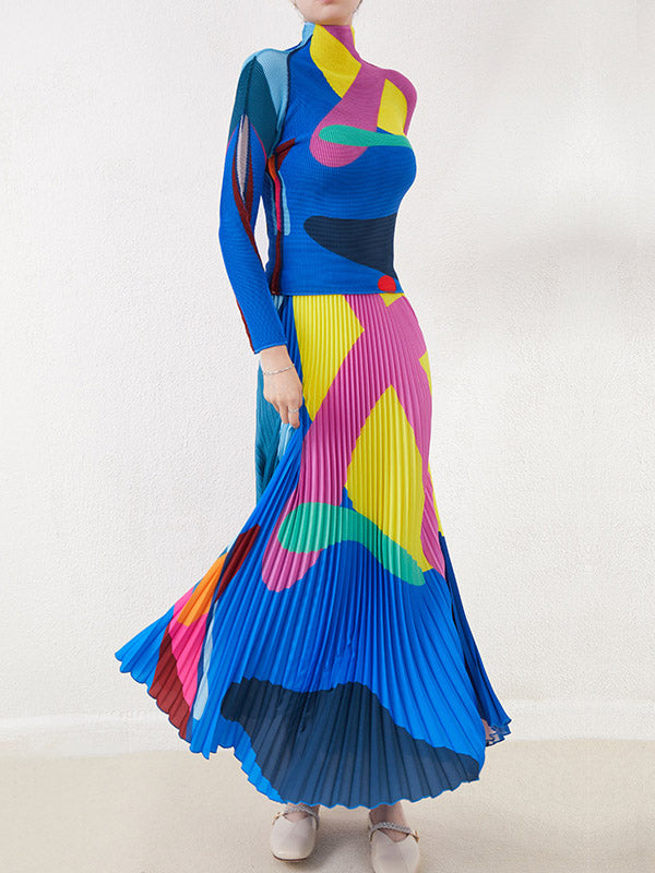 A-Line Loose Contrast Color Pleated Skirts Bottoms