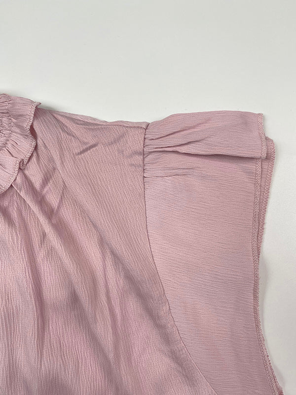 Loose Ruffle Sleeves Pleated Solid Color V-Neck T-Shirts Tops