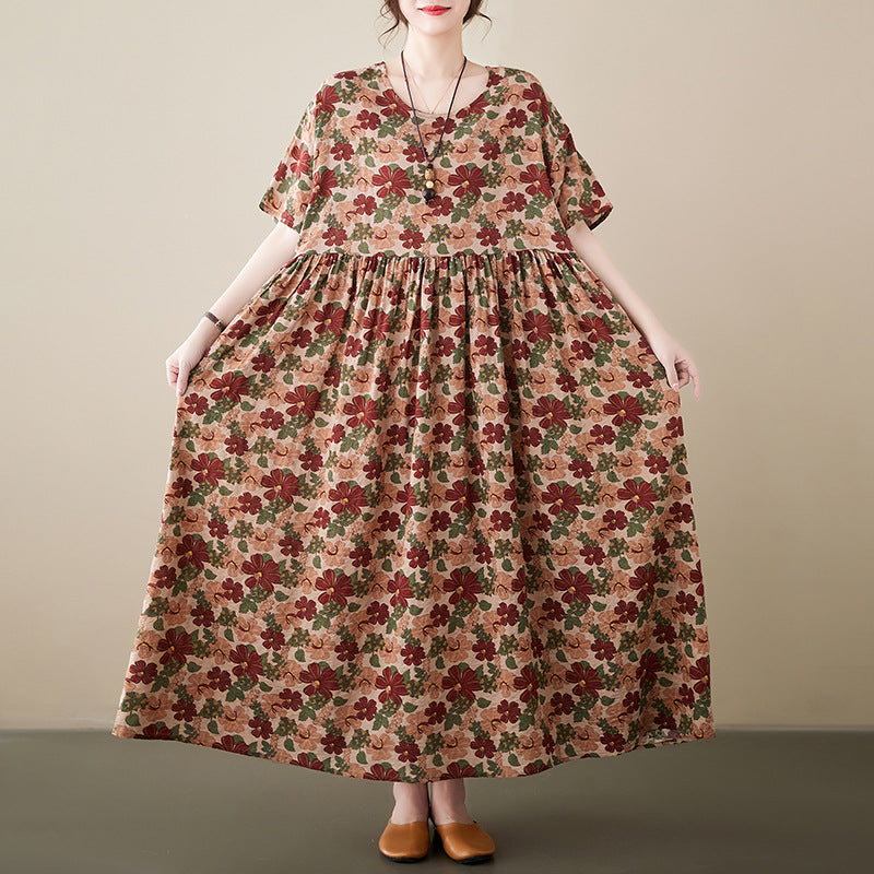 Ethnic Style Floral Print Short Sleeve Round Neck Maxi Dress