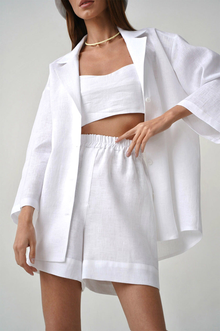 Cotton shorts suit women's lapel loose single-breasted Shirt high waist straight pants two-piece set