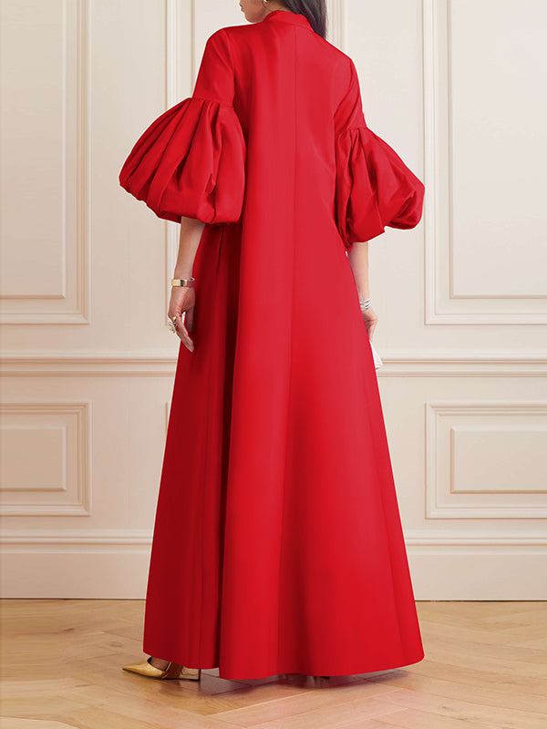 Loose Flower Shape Solid Color Stand Collar Lantern Sleeves Maxi Dresses