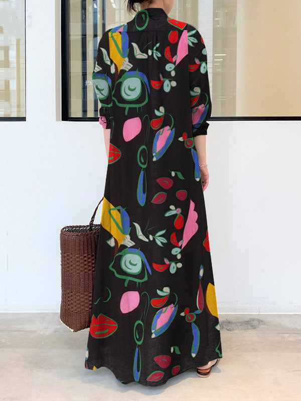 Long Sleeves Loose Buttoned Pockets Printed Lapel Maxi Dresses Shirt Dress