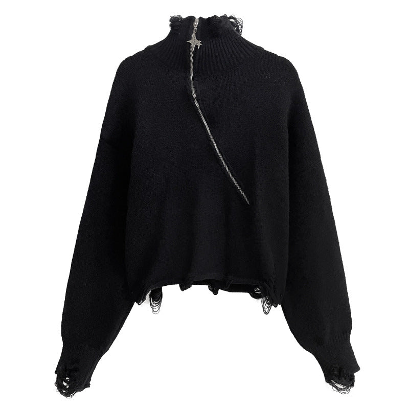 Simple Slant Zipper Turtleneck Sweater