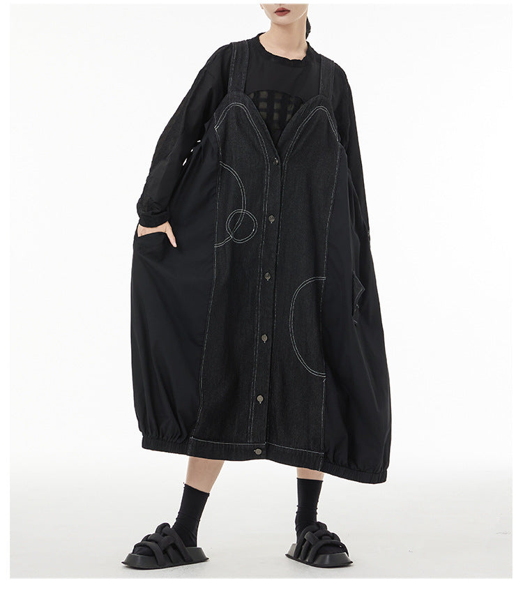 Vintage Splicing Denim Suspender Midi Dress