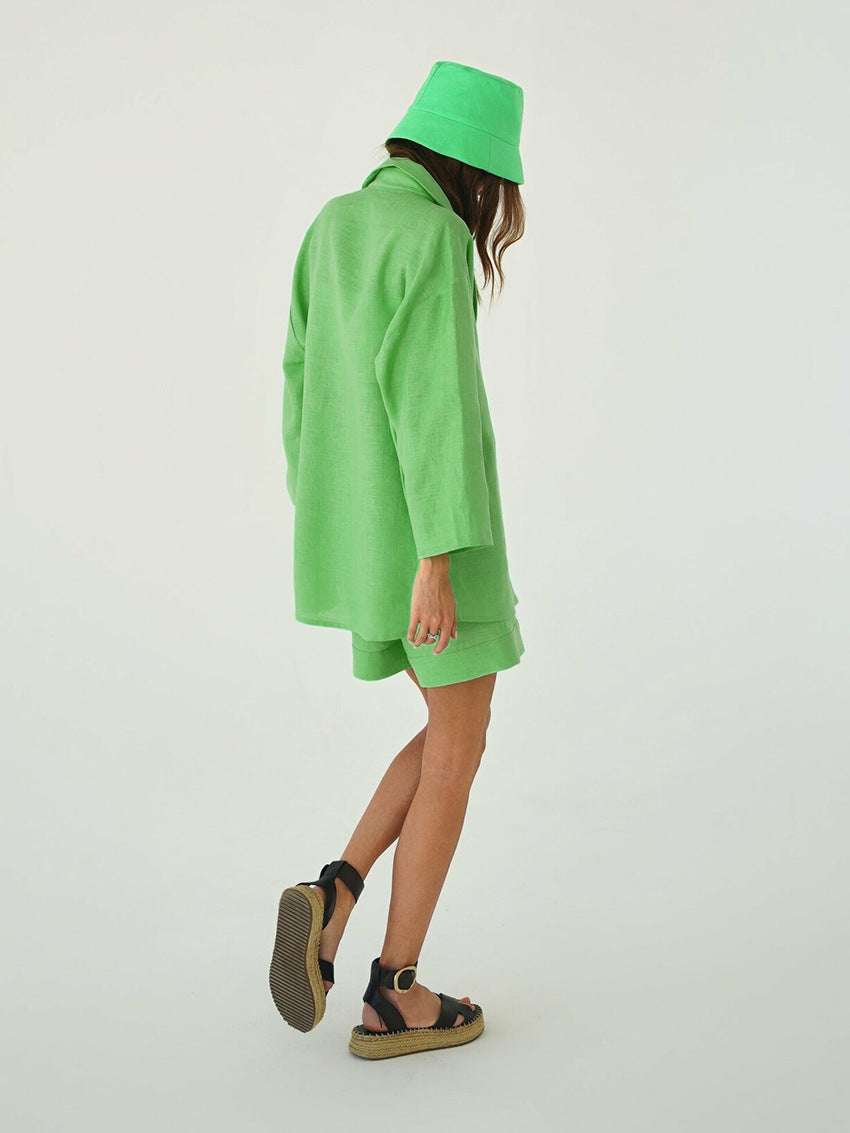 Cotton shorts suit women's lapel loose single-breasted Shirt high waist straight pants two-piece set