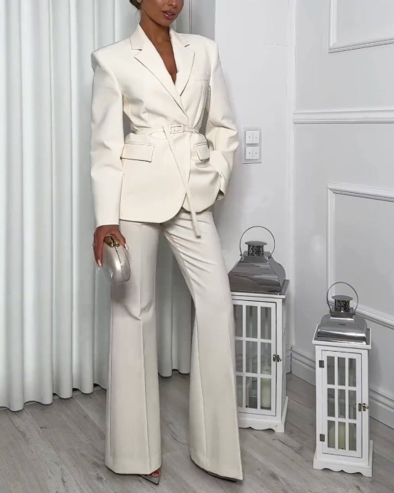 Fashionable Solid Color Laps Suit Jacket & Pants Two-piece Set