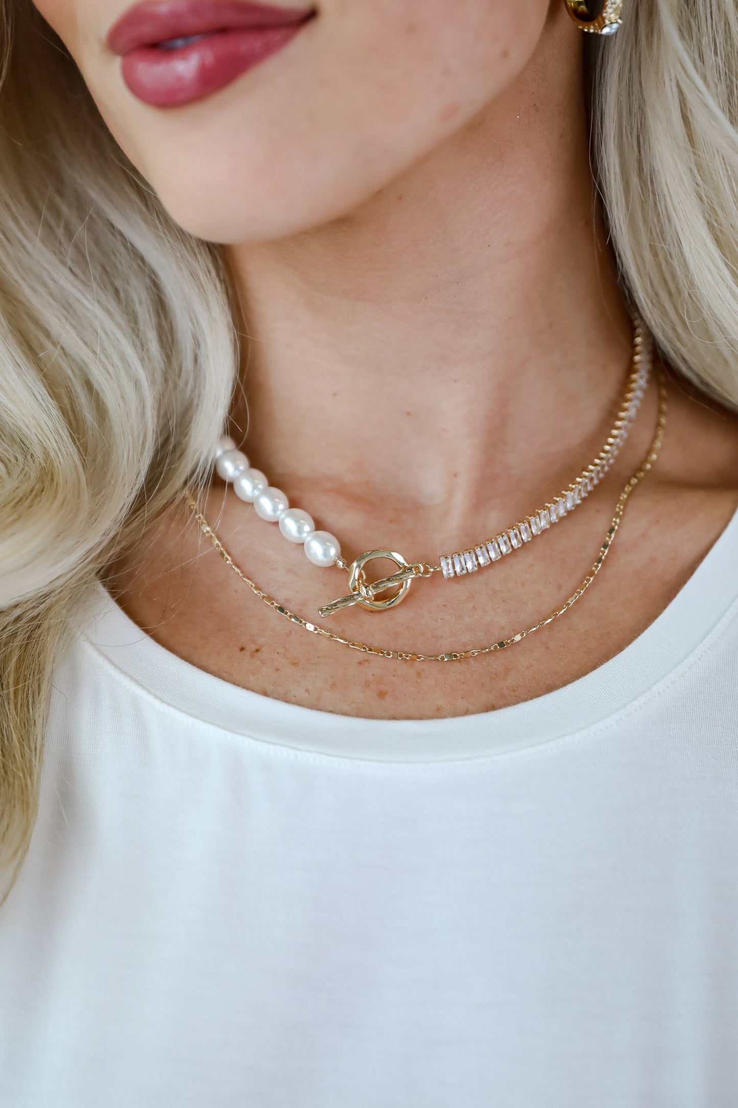 Stella Gold Rhinestone Pearl Layered Necklace
